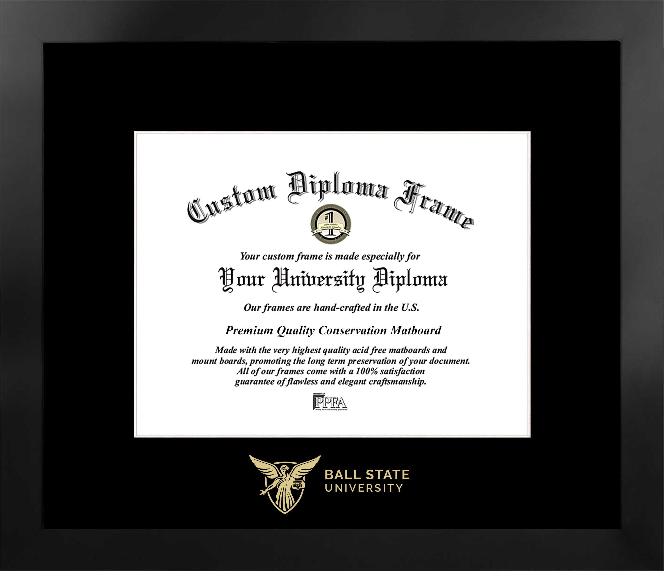 IN985MBSGED108 8 x 10 in. Ball State University Single Embossed Diploma Frame with Bonus  Lithograph, Manhattan Black & Mat Gold