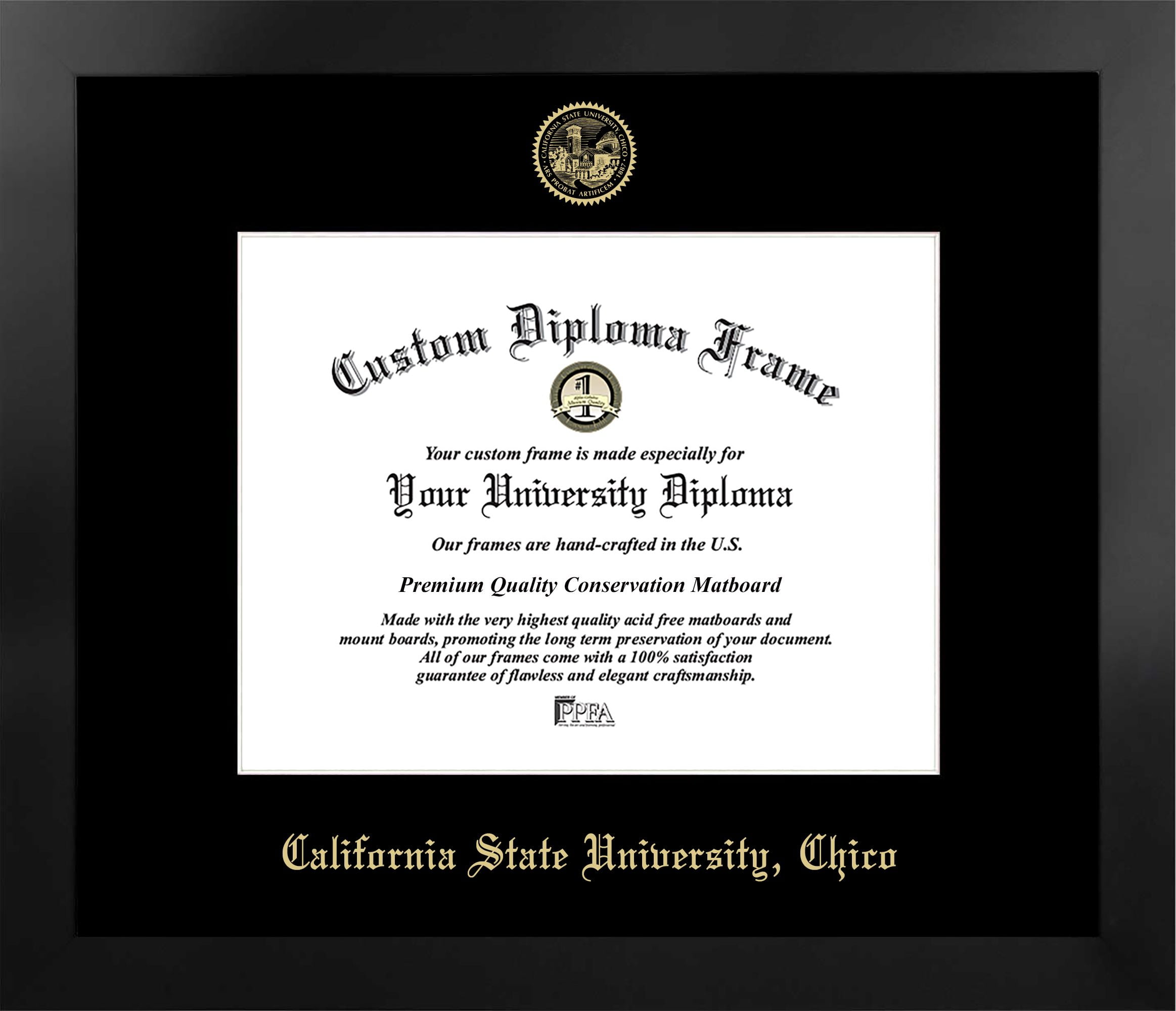 8.5 x 11 in. California State University, Chico Single Embossed Diploma Frame with Bonus  Lithograph, Manhattan Black & Mat Gold -  Campus Images, CA919MBSGED-1185