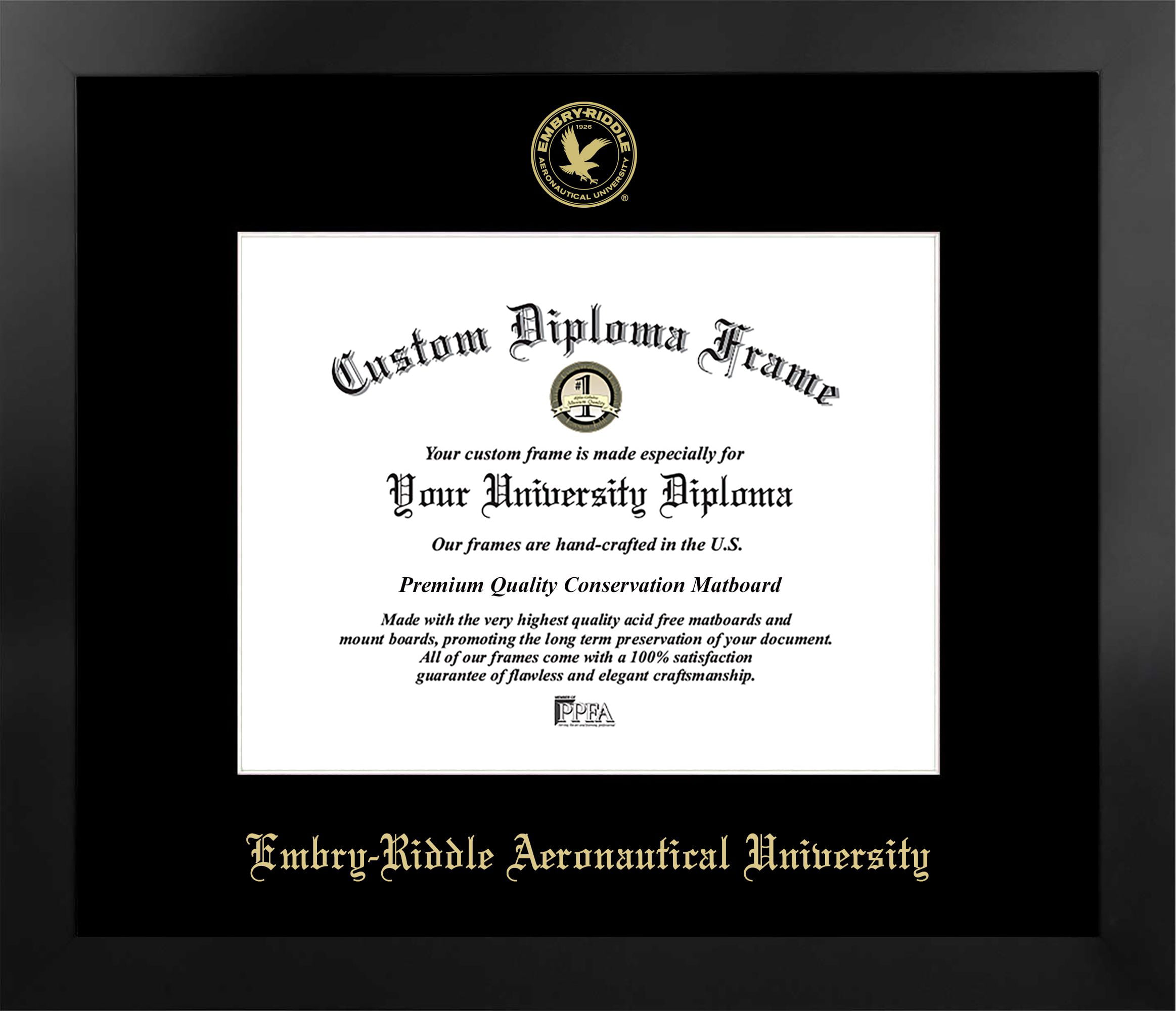FL995MBSGED-1185 11 x 8.5 in. Embry-Riddle Eagles Single Embossed Diploma Frame with Bonus  Lithograph, Manhattan Black & Mat Gold
