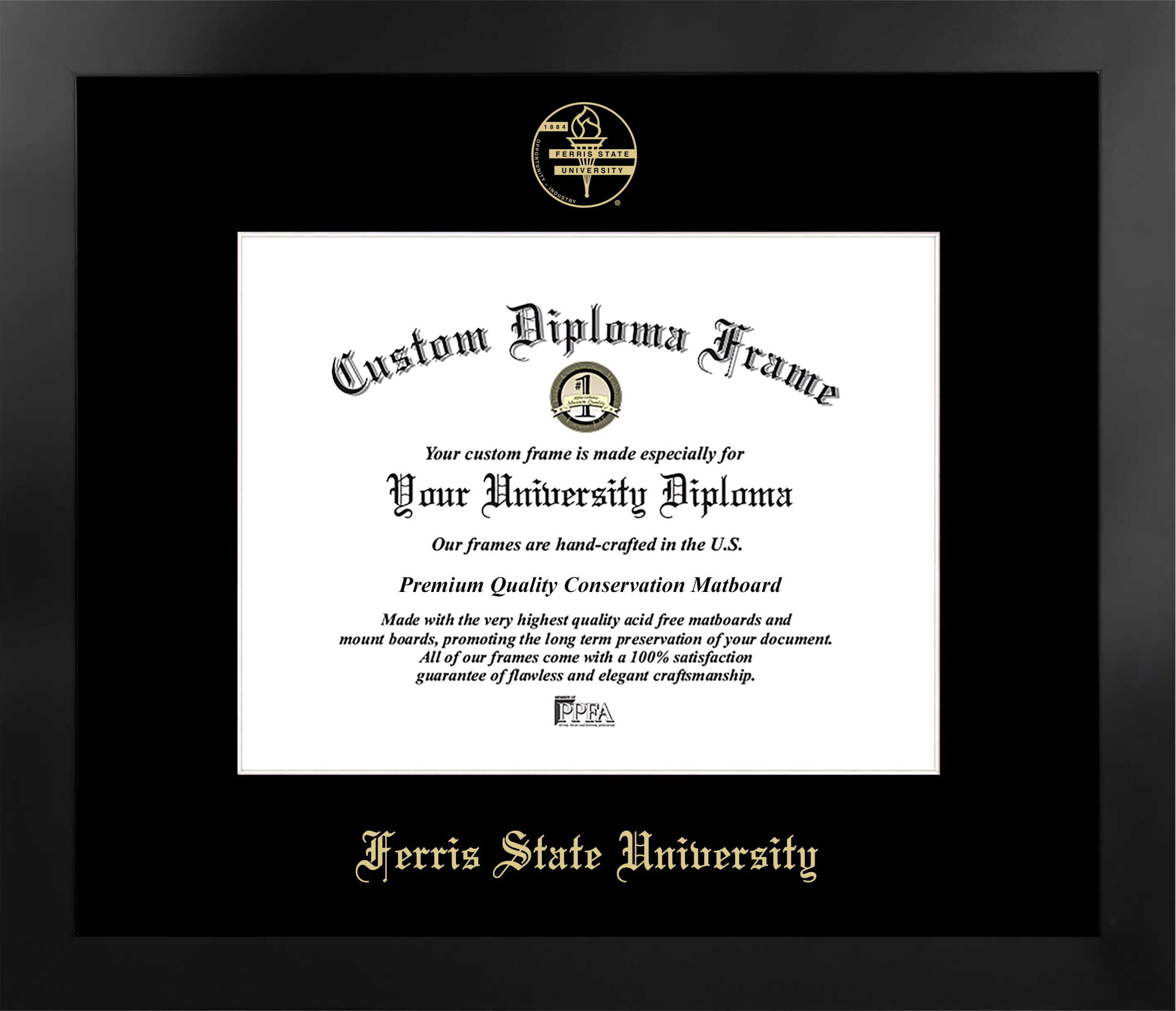 MI979MBSGED1185 8.5 x 11 in. Ferris State University Single Embossed Diploma Frame with Bonus  Lithograph, Manhattan Black & Mat Gold
