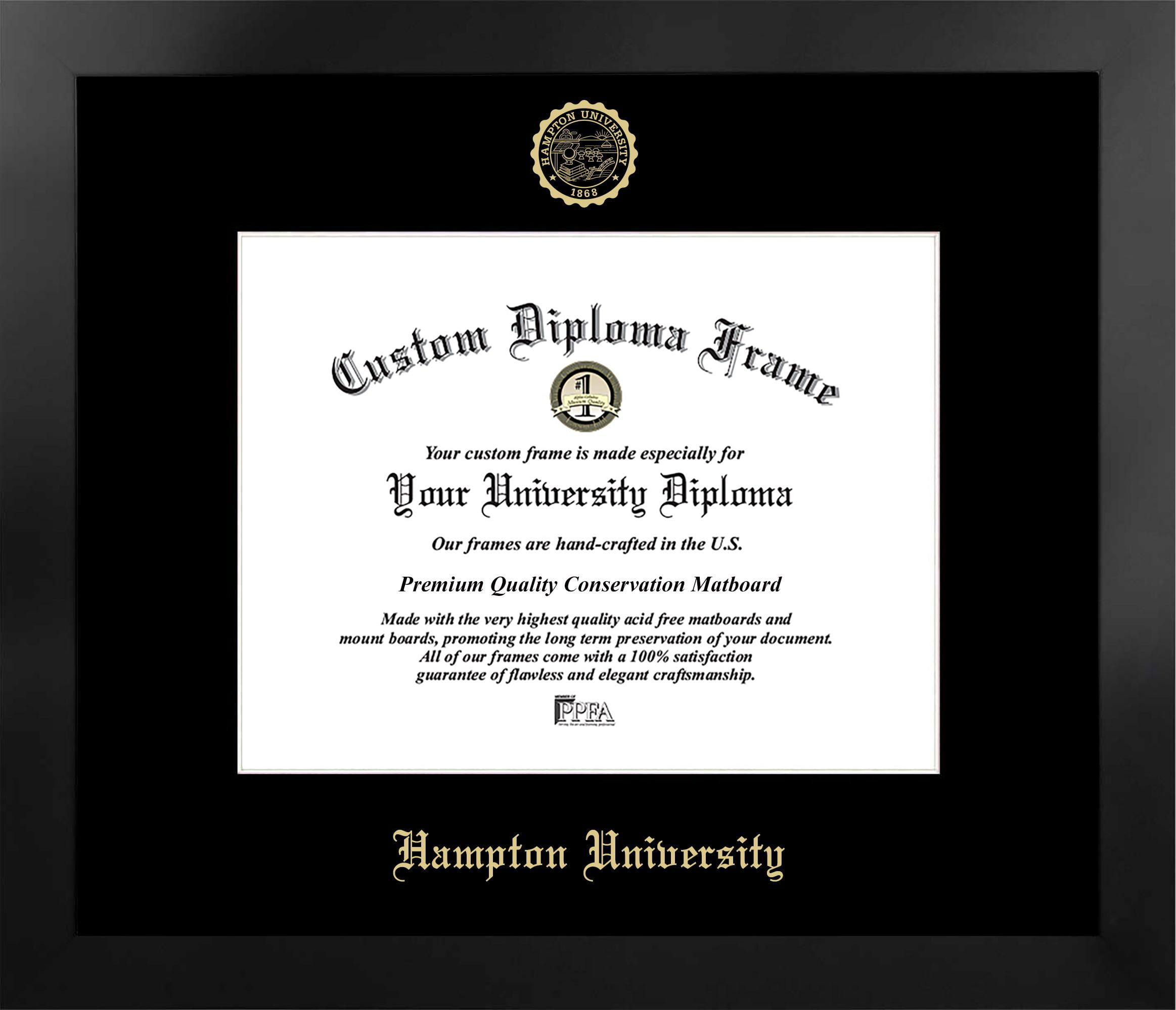 VA990MBSGED1185 8.5 x 11 in. Hampton University Single Embossed Diploma Frame with Bonus  Lithograph, Manhattan Black & Mat Gold