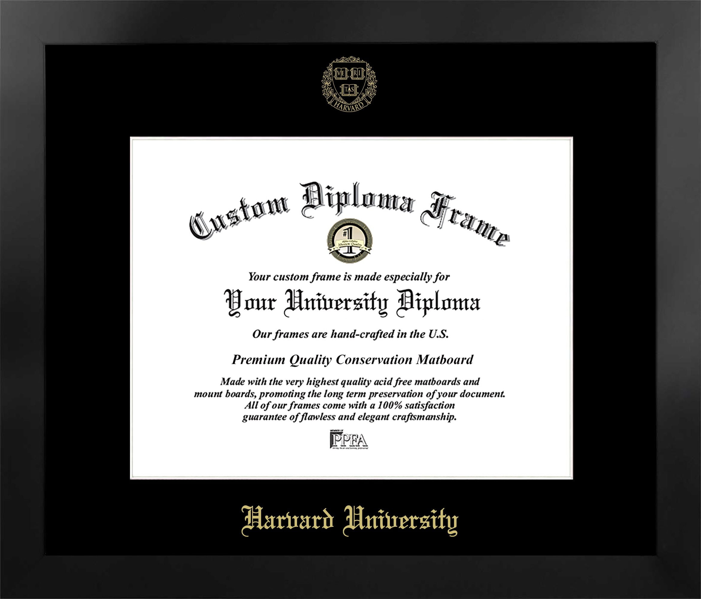 MA992MBSGED1411 11 x 14 in. Harvard University Single Embossed Diploma Frame with Bonus  Lithograph, Manhattan Black & Mat Gold