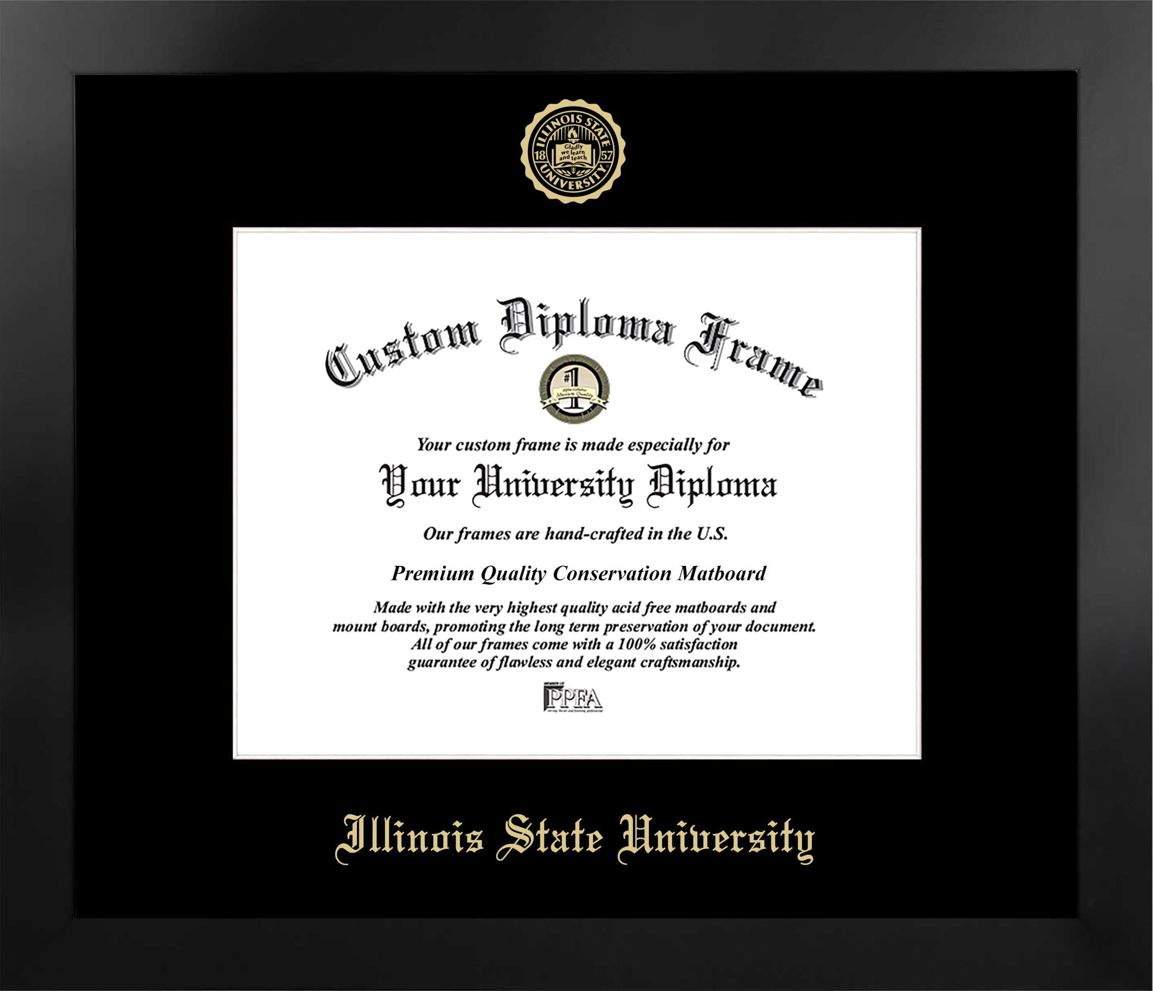IL966MBSGED-108 Illinois State Single Embossed Diploma Frame with Bonus  Lithograph, Manhattan Black & Mat Gold