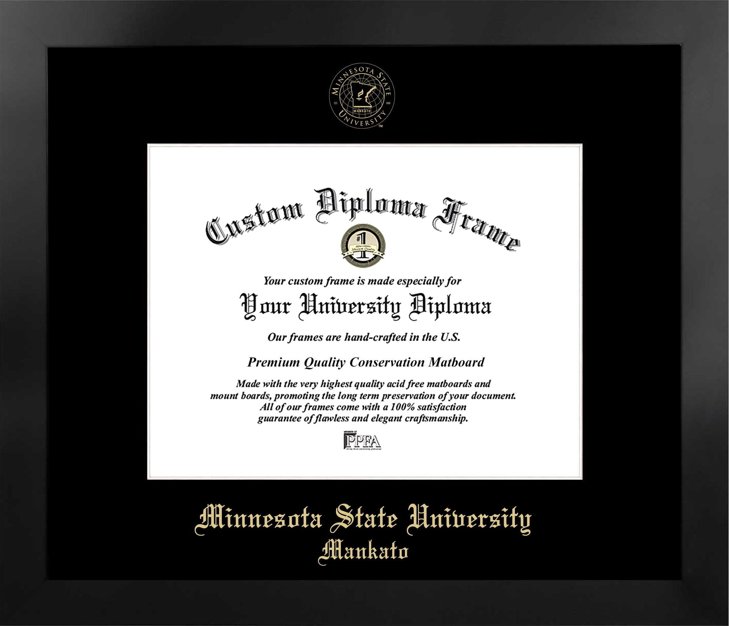 8.5 x 11 in. Minnesota State University, Mankato Single Embossed Diploma Frame with Bonus  Lithograph, Manhattan Black & Mat Gold