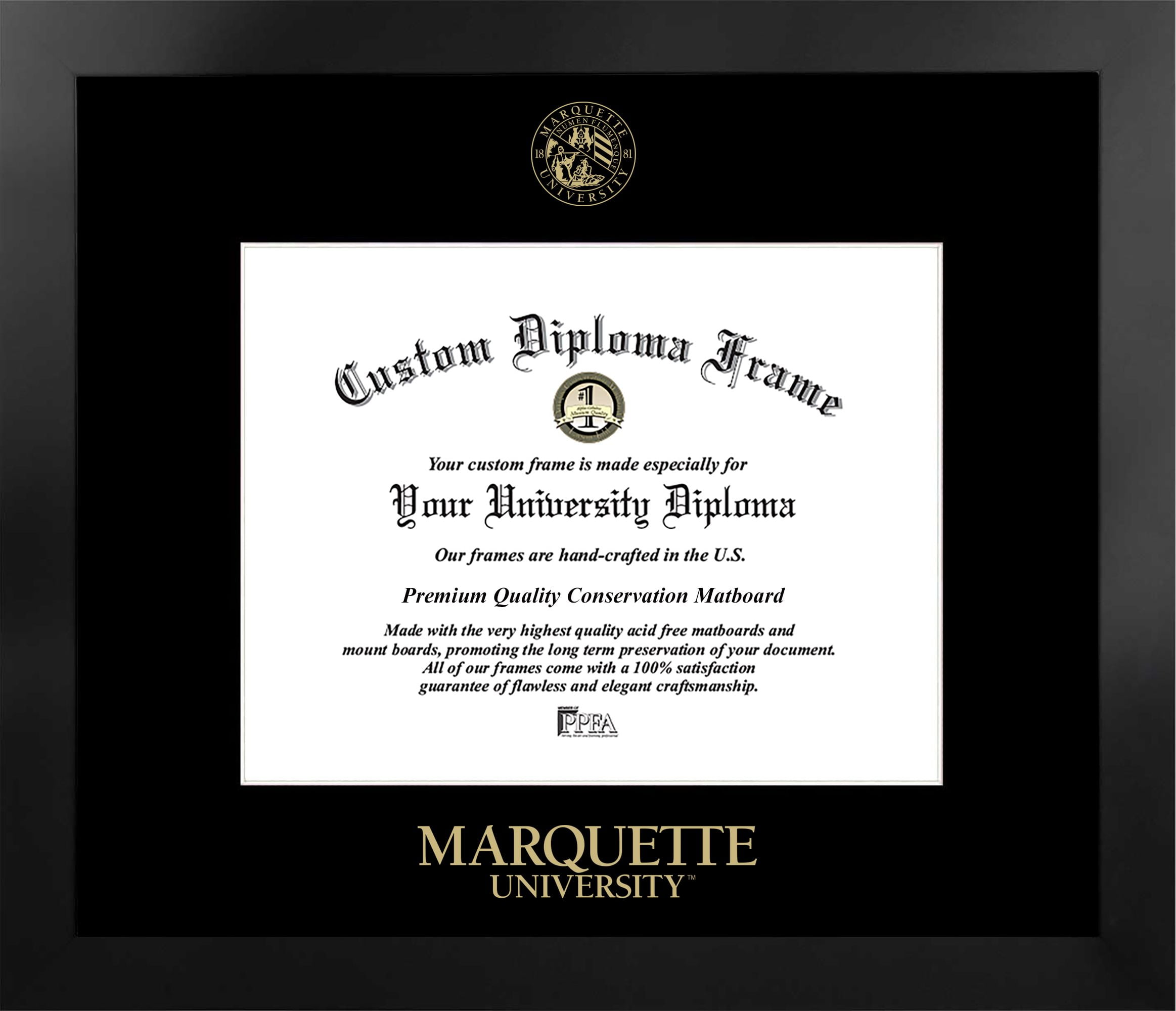 WI999MBSGED129 9 x 12 in. Marquette University Single Embossed Diploma Frame with Bonus  Lithograph, Manhattan Black & Mat Gold