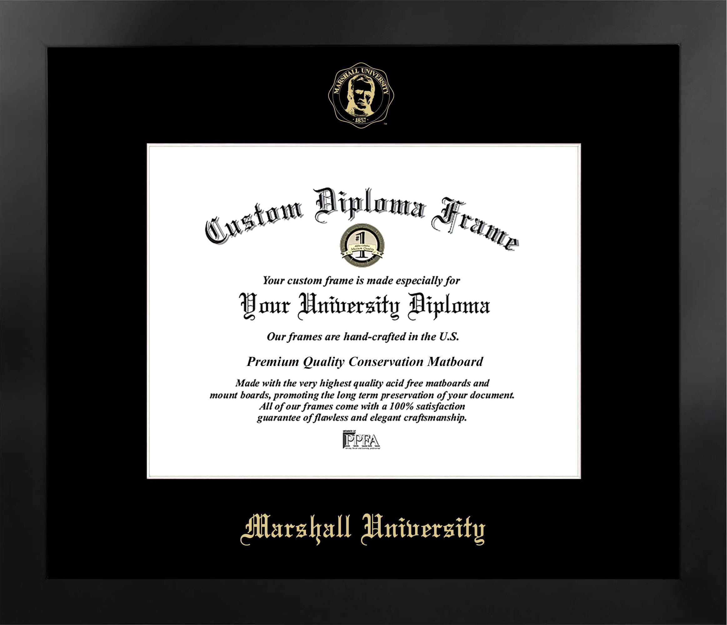 WV999MBSGED1185 8.5 x 11 in. Marshall University Single Embossed Diploma Frame with Bonus  Lithograph, Manhattan Black & Mat Gold