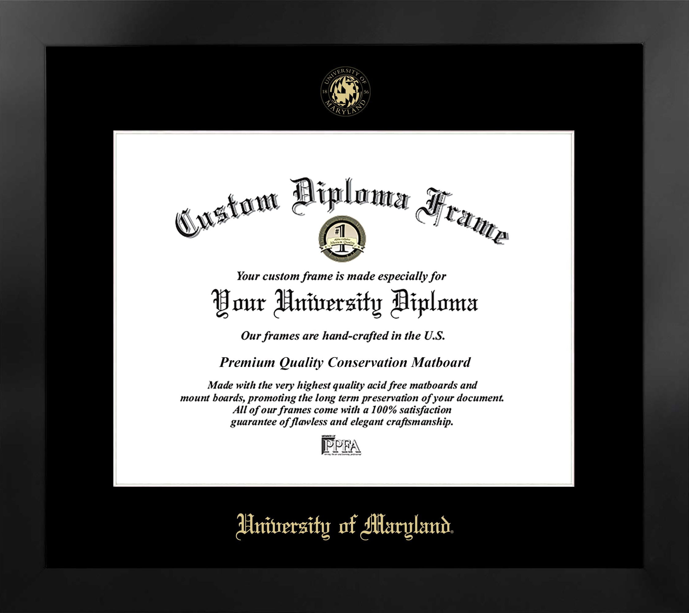 MD998MBSGED1713 13 x 17 in. University of Maryland Single Embossed Diploma Frame with Bonus  Lithograph, Manhattan Black & Mat Gold
