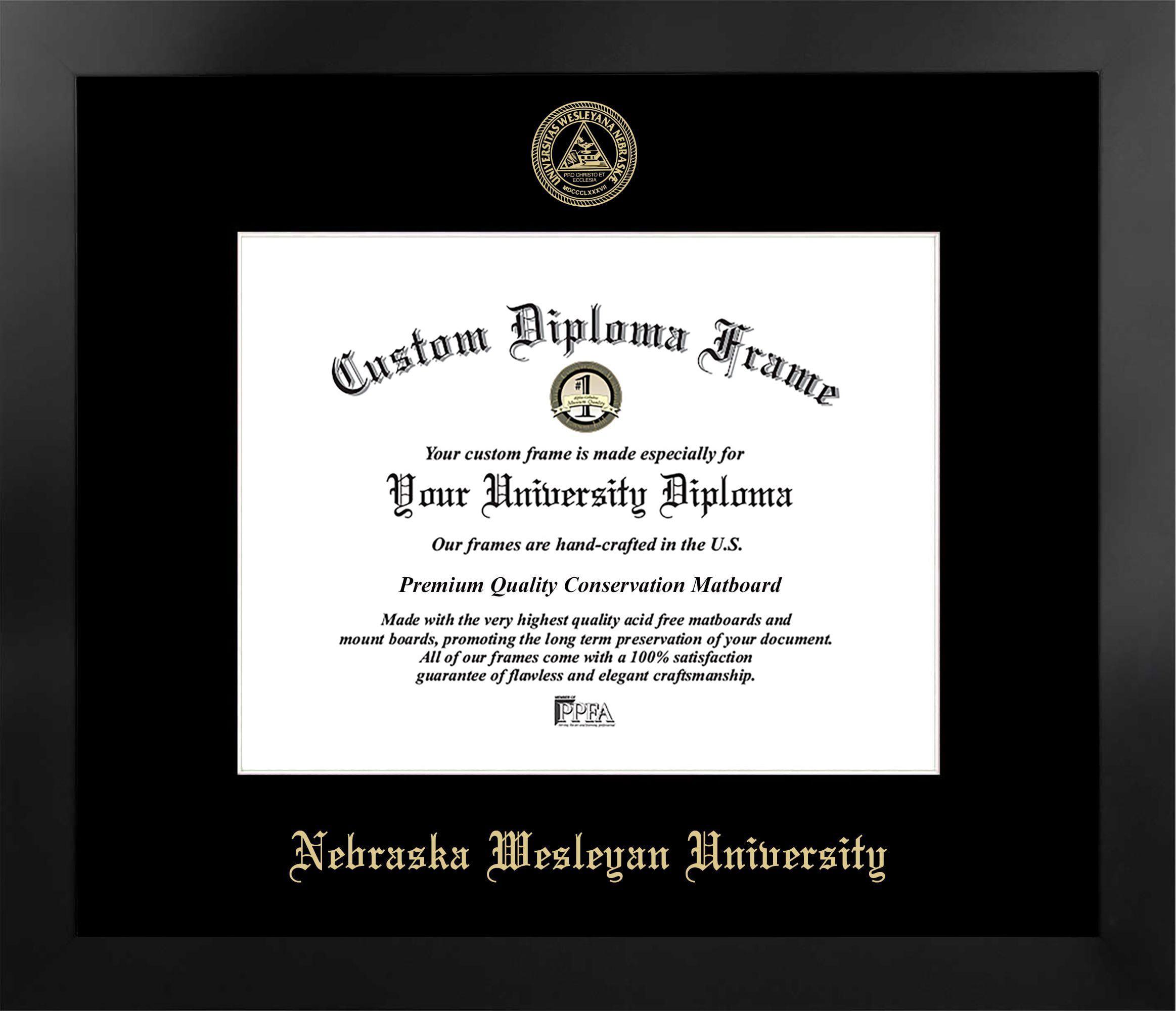 NE998MBSGED1185 8.5 x 11 in. Nebraska Wesleyan University Single Embossed Diploma Frame with Bonus  Lithograph, Manhattan Black & Mat Gold