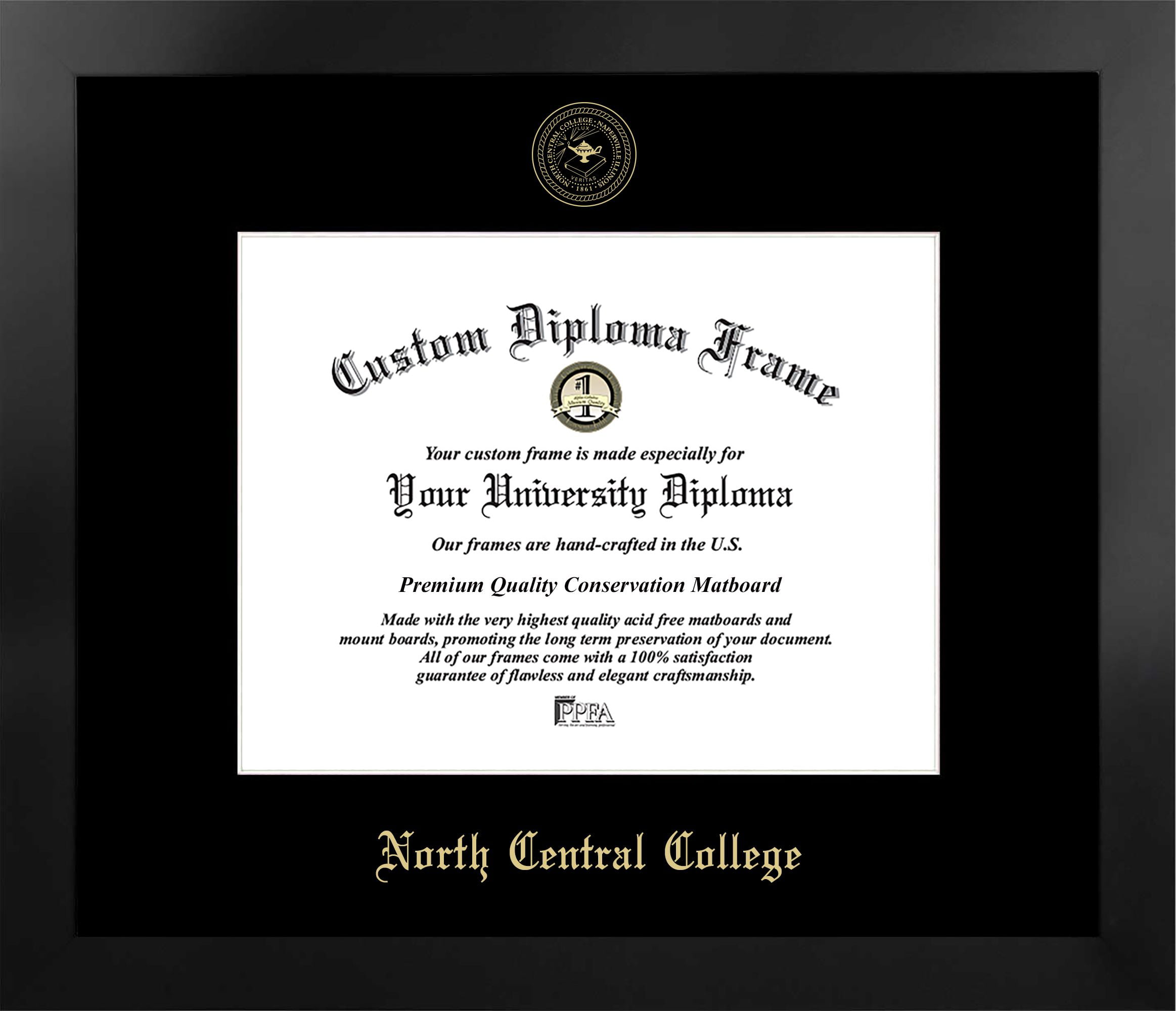 IL984MBSGED-1185 8.5 x 11 in. North Central College Single Embossed Diploma Frame with Bonus  Lithograph, Manhattan Black & Mat Gold