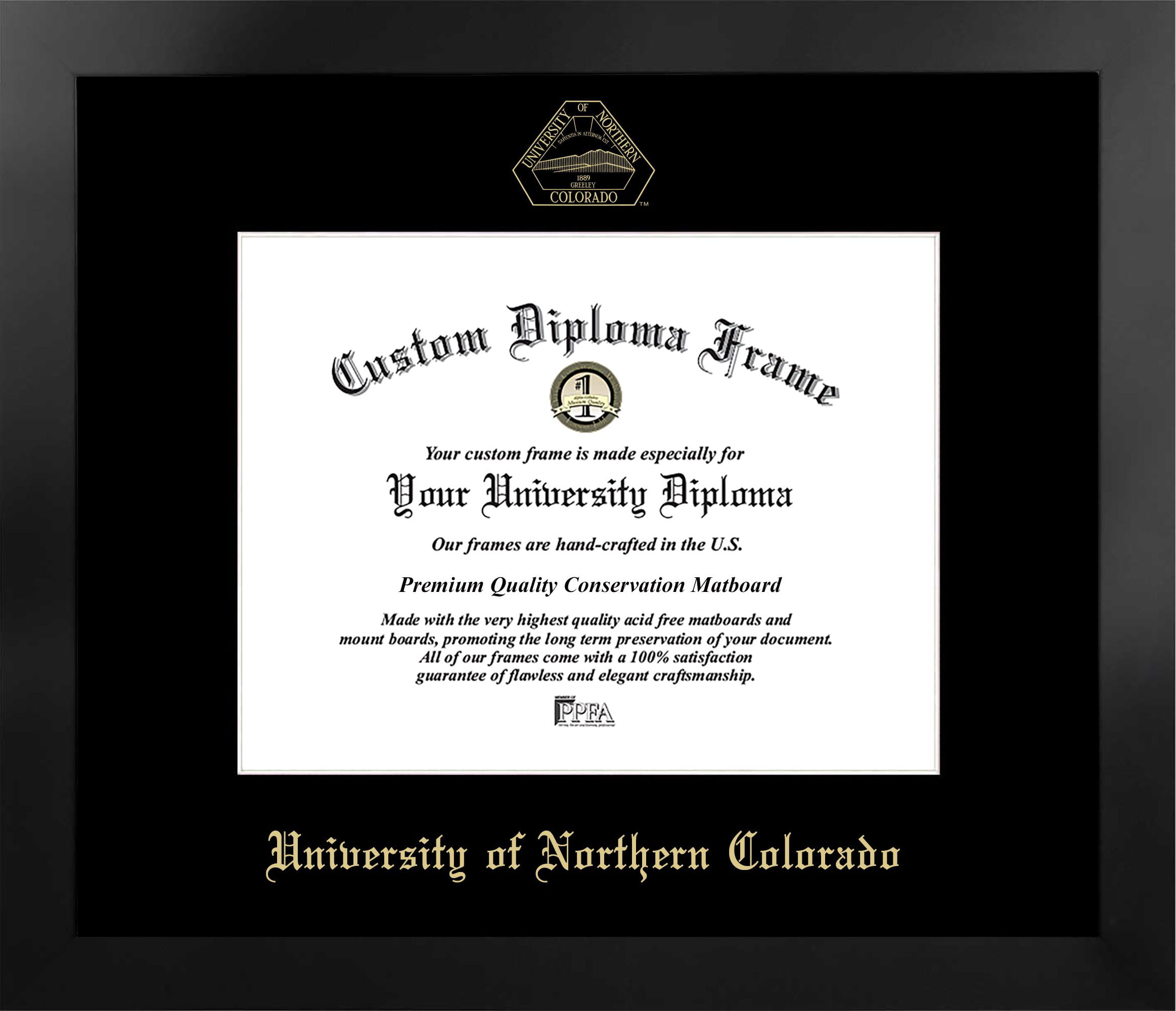 CO996MBSGED-108 8 x 10 in. University of Northern Colorado Single Embossed Diploma Frame with Bonus  Lithograph, Manhattan Black & Mat Gold -  Campus Images