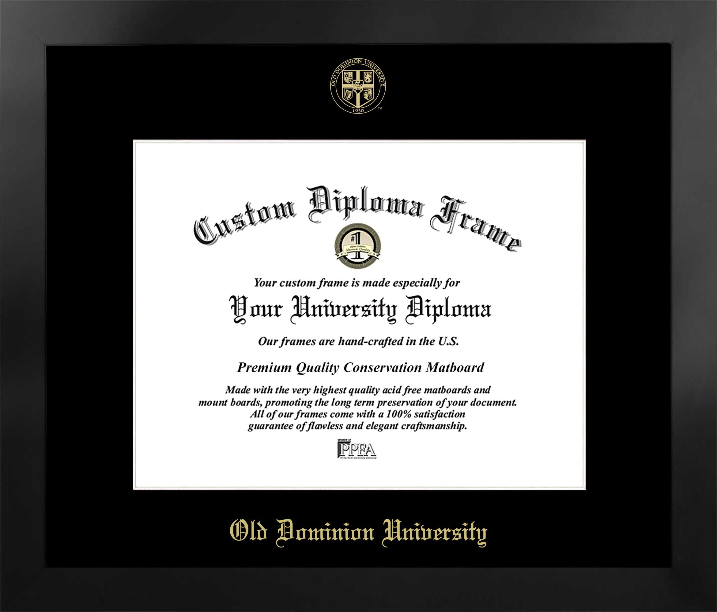 VA998MBSGED1411 11 x 14 in. Old Dominion Single Embossed Diploma Frame with Bonus  Lithograph, Manhattan Black & Mat Gold