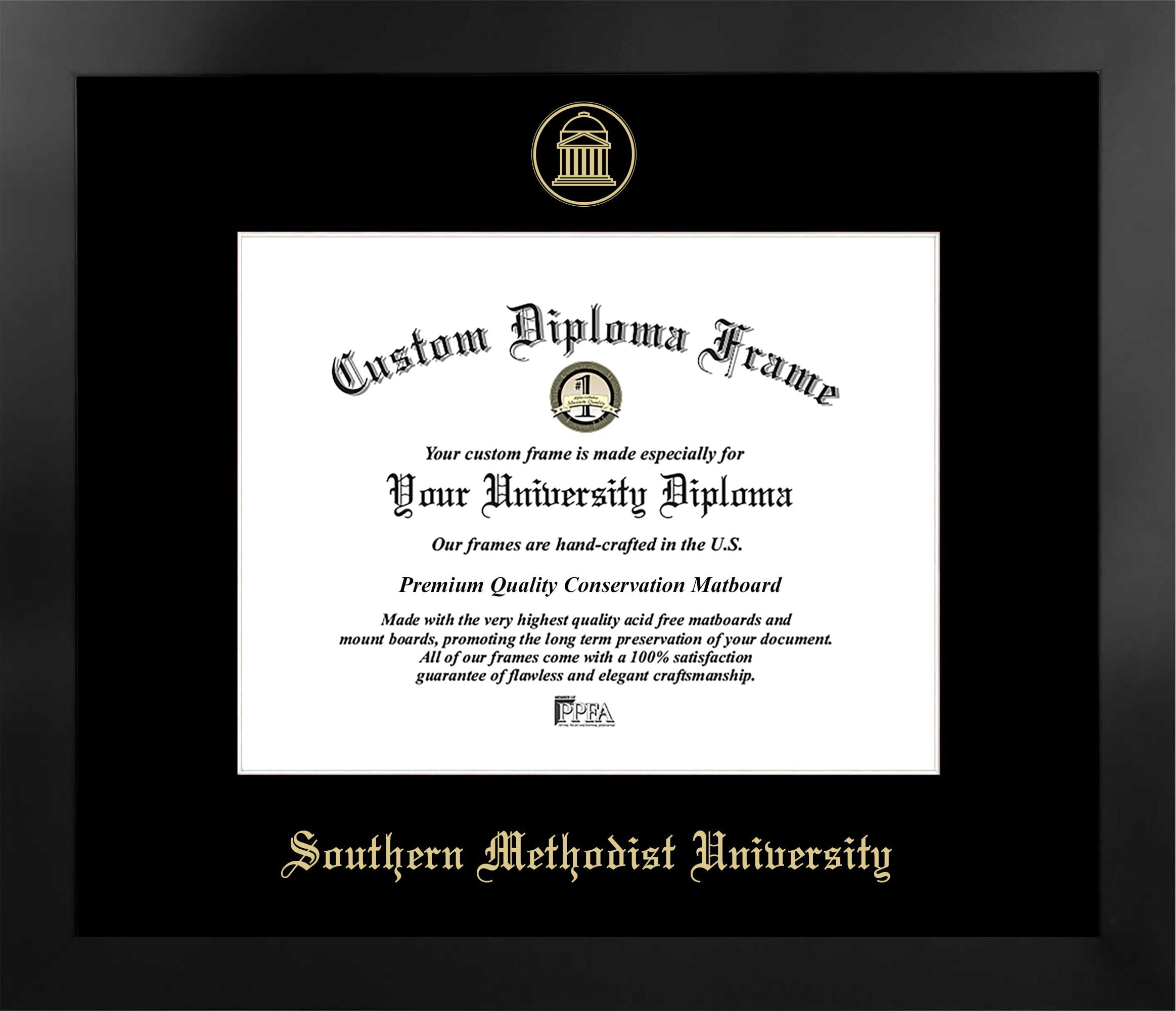TX944MBSGED1185 8.5 x 11 in. Southern Methodist University Single Embossed Diploma Frame with Bonus  Lithograph, Manhattan Black & Mat Gold