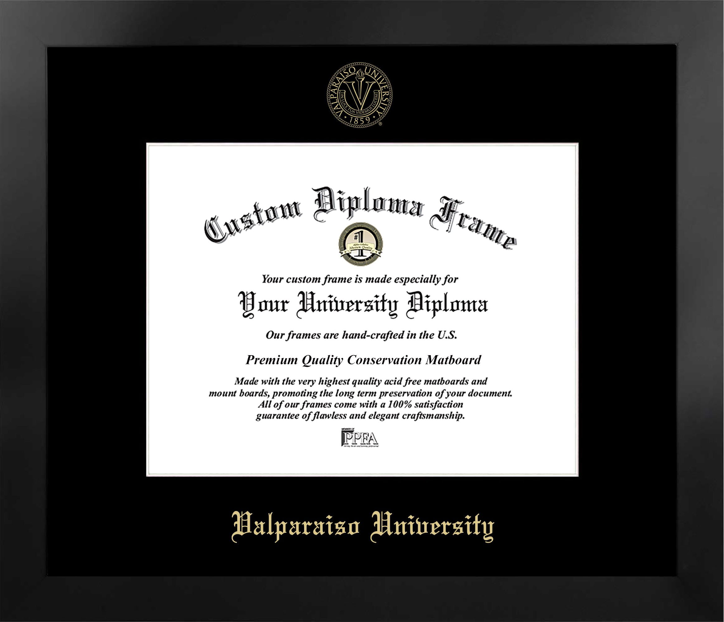 IN991MBSGED-108 8 x 10 in. Valparaiso University Single Embossed Diploma Frame with Bonus  Lithograph, Manhattan Black & Mat Gold
