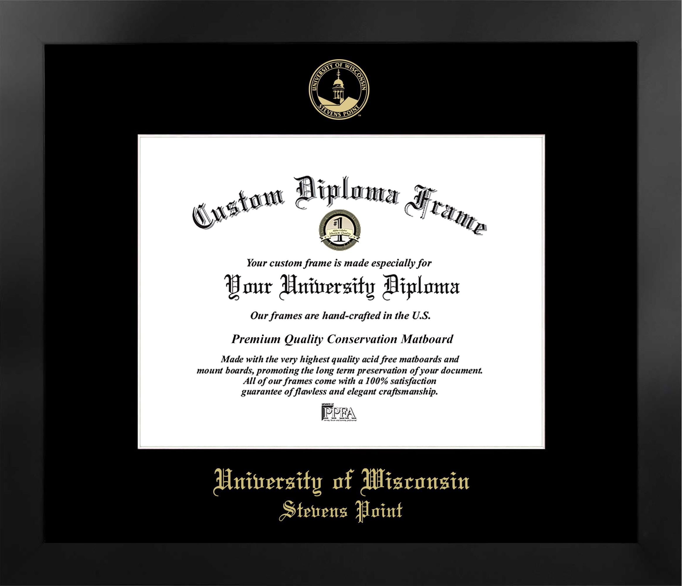 8 x 10 in. University of Wisconsin - Stevens Point Single Embossed Diploma Frame with Bonus  Lithograph, Manhattan Black & Mat Gold