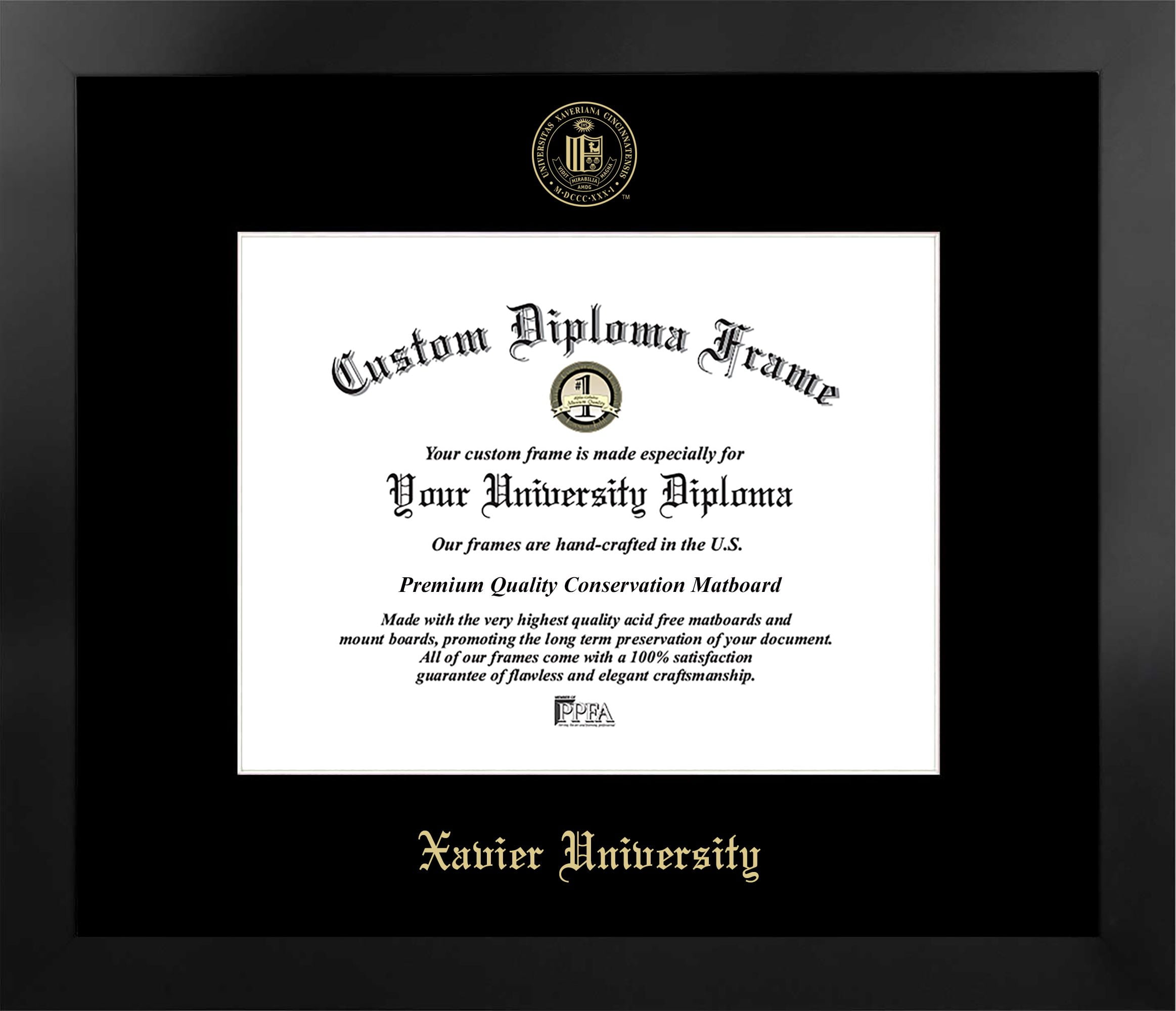 OH990MBSGED1185 8.5 x 11 in. Xavier University Single Embossed Diploma Frame with Bonus  Lithograph, Manhattan Black & Mat Gold
