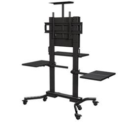 Heavy Duty Mobile Cart with Two Side Shelves, Top Shelf & Front - Back Shelf, Back Panel & Cover for Displays Larger than 60 in.