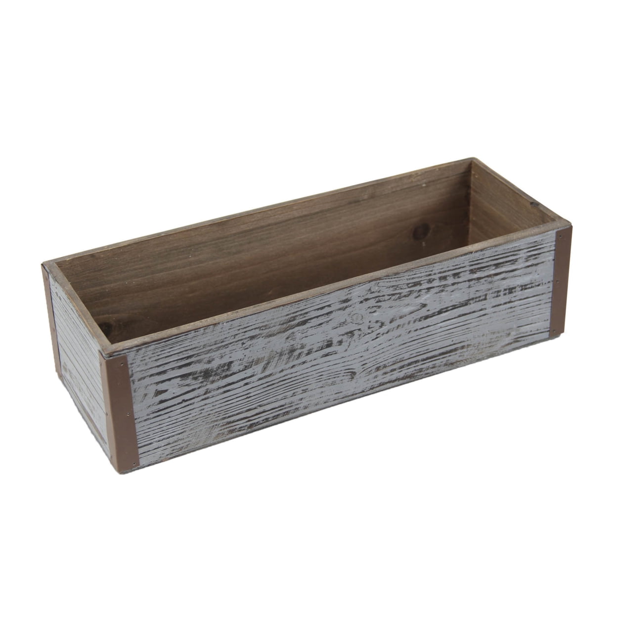 Gray Wash Wooden Rectangular Planter with Metal Corner Accents