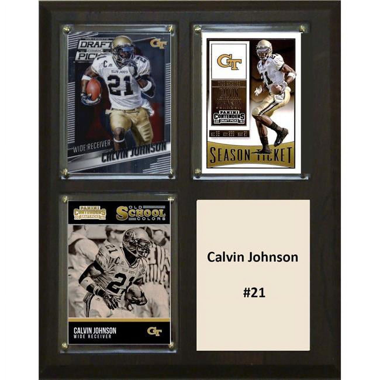 Picture of C & I Collectables 810CALVINJCO 8 x 10 in. Calvin Johnson NCAA Georgia Tech Yellow Jackets Three Card Plaque