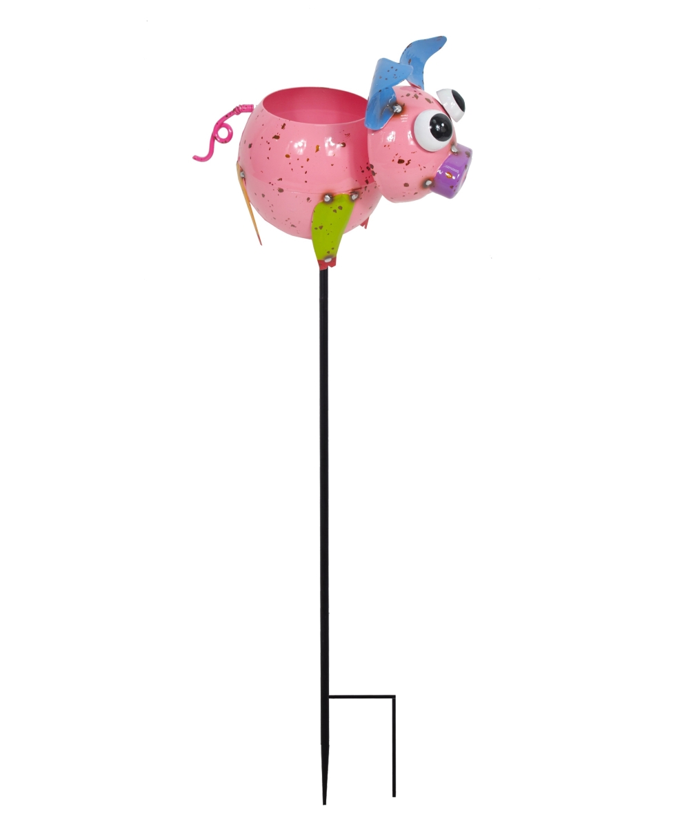 Colorful Enameled Metal Pig Planter Stake - Mini