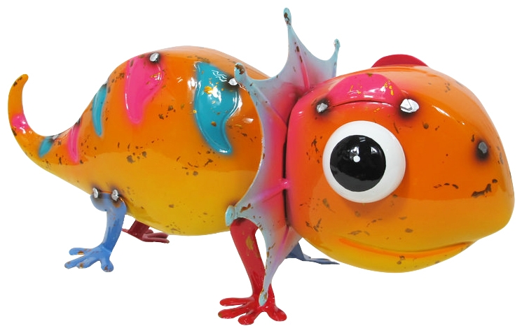 Colorful Enameled Metal Lizard Statue - Orange