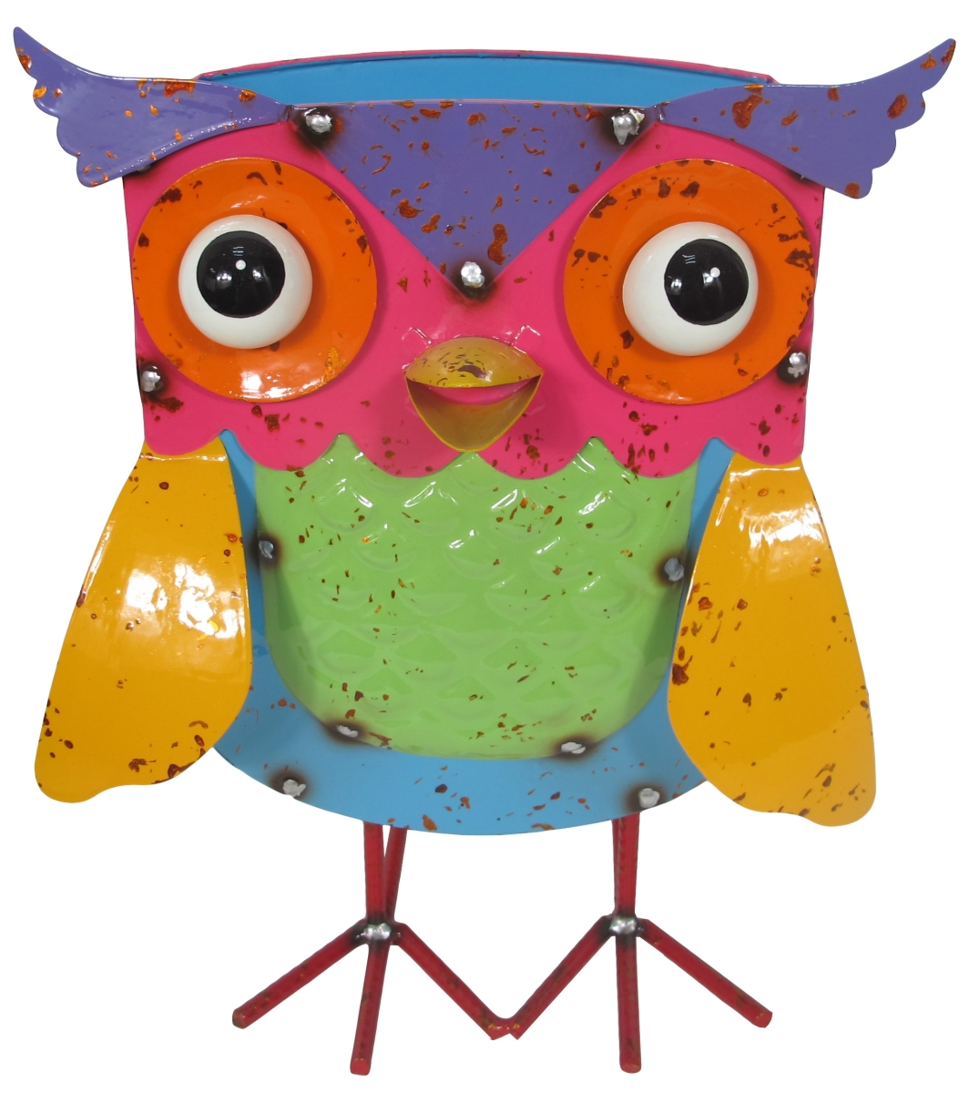 18013B Colorful Enameled Metal Owl Planter - Green