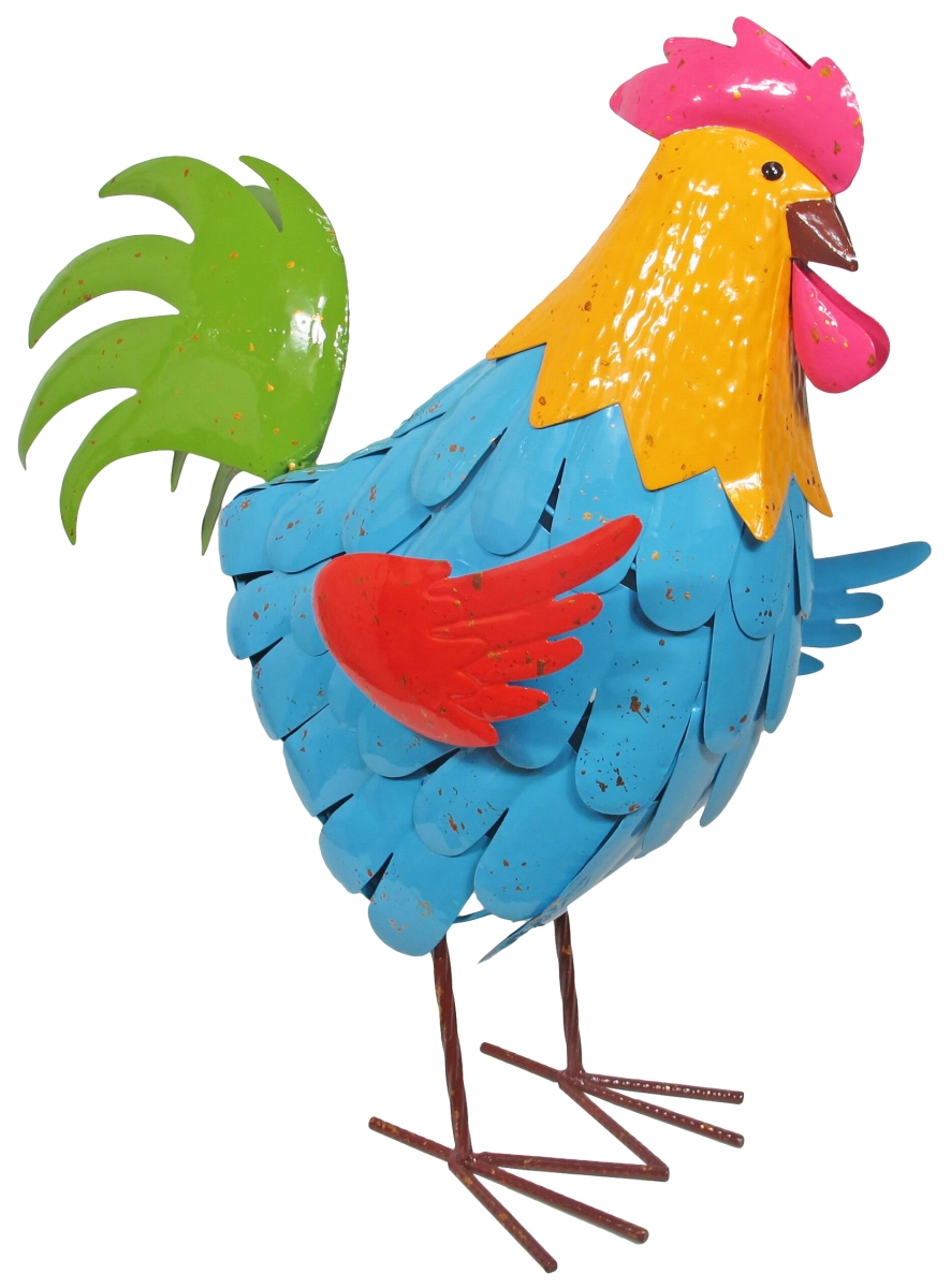 21259B Large Colorful Enameled Metal Rooster Statue - Blue - Large