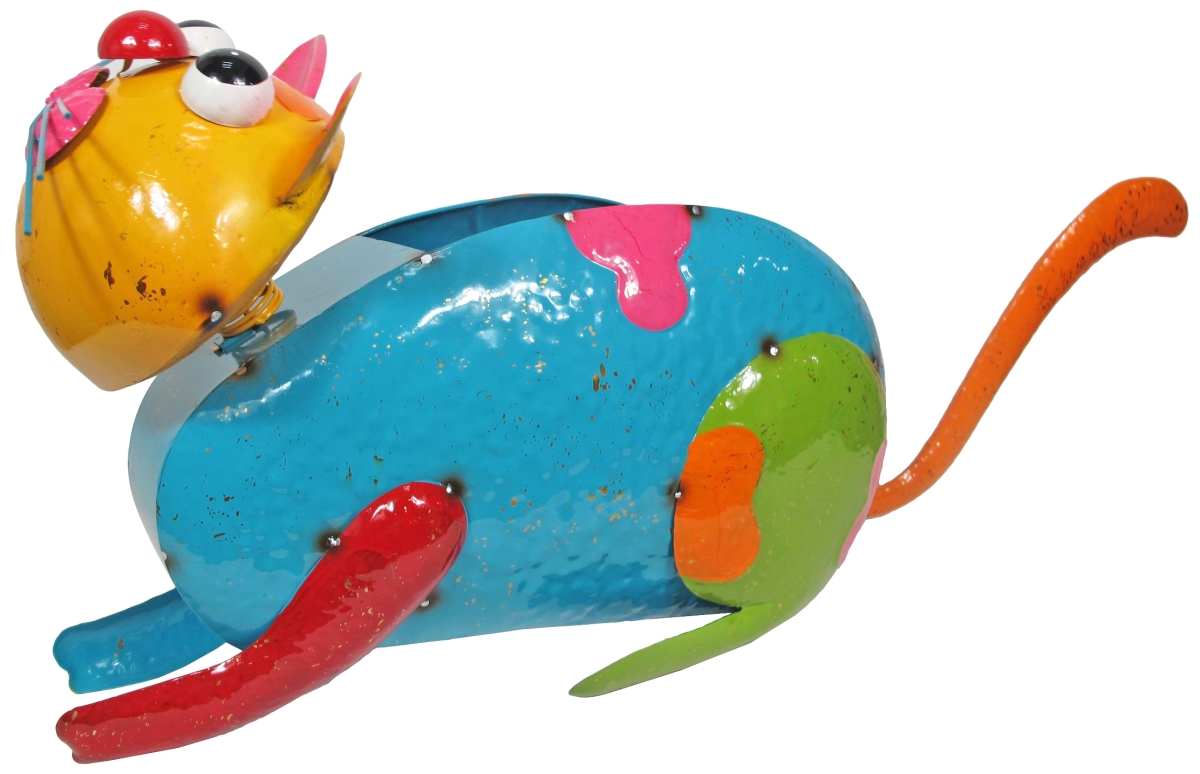 Colorful Enameled Metal Cat Planter - Blue - Big