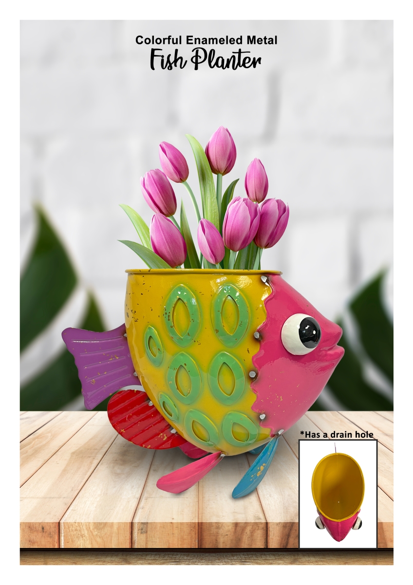 Colorful Enameled Metal Dotted Fish Planter - Multi Color