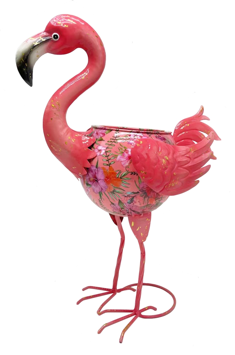 Colorful Enameled Metal Flamingo Planter with Flower Pattern - Pink