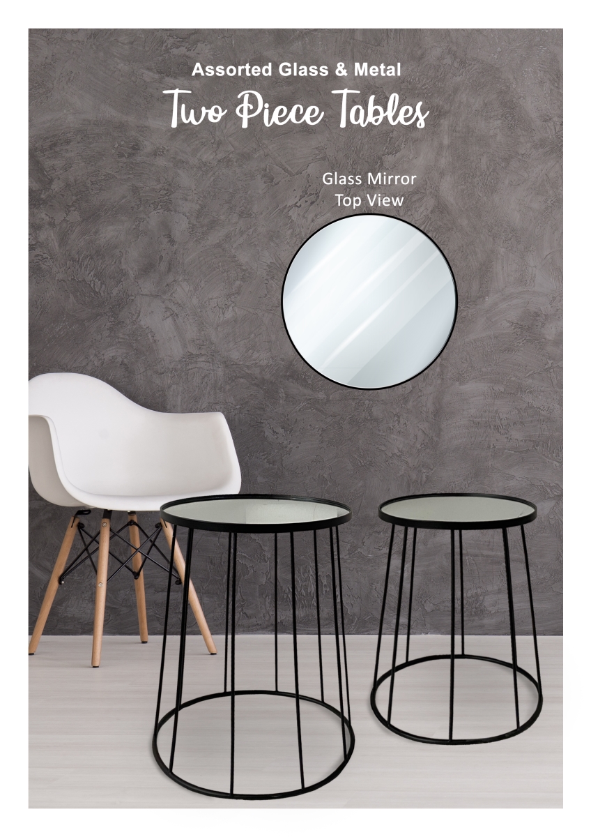 20055 2 Piece Mirror Top Tables - Glass & Metal - Black, Grey & Silver