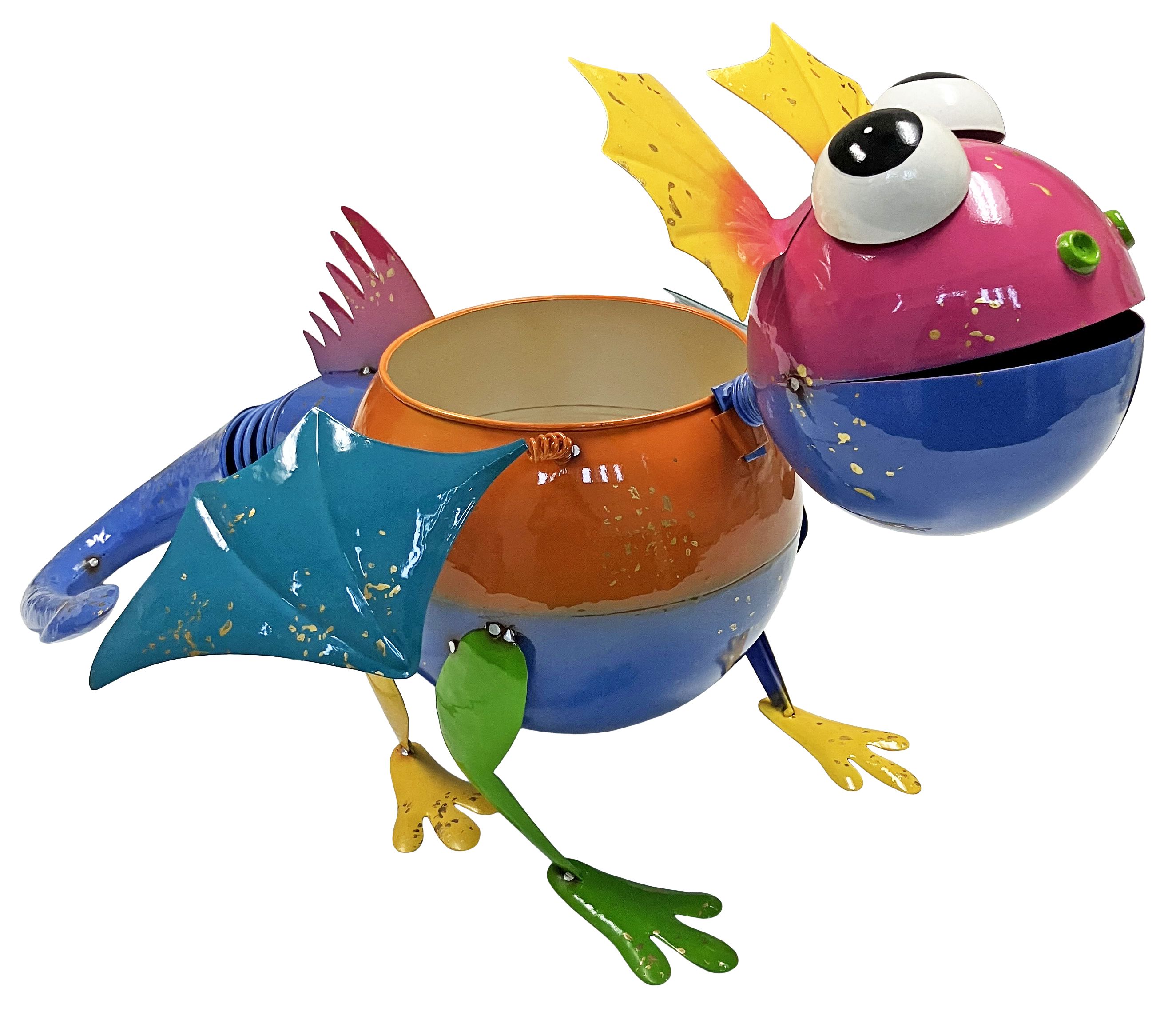 Colorful Enameled Metal Winged Lizard Planter - Blue & Orange