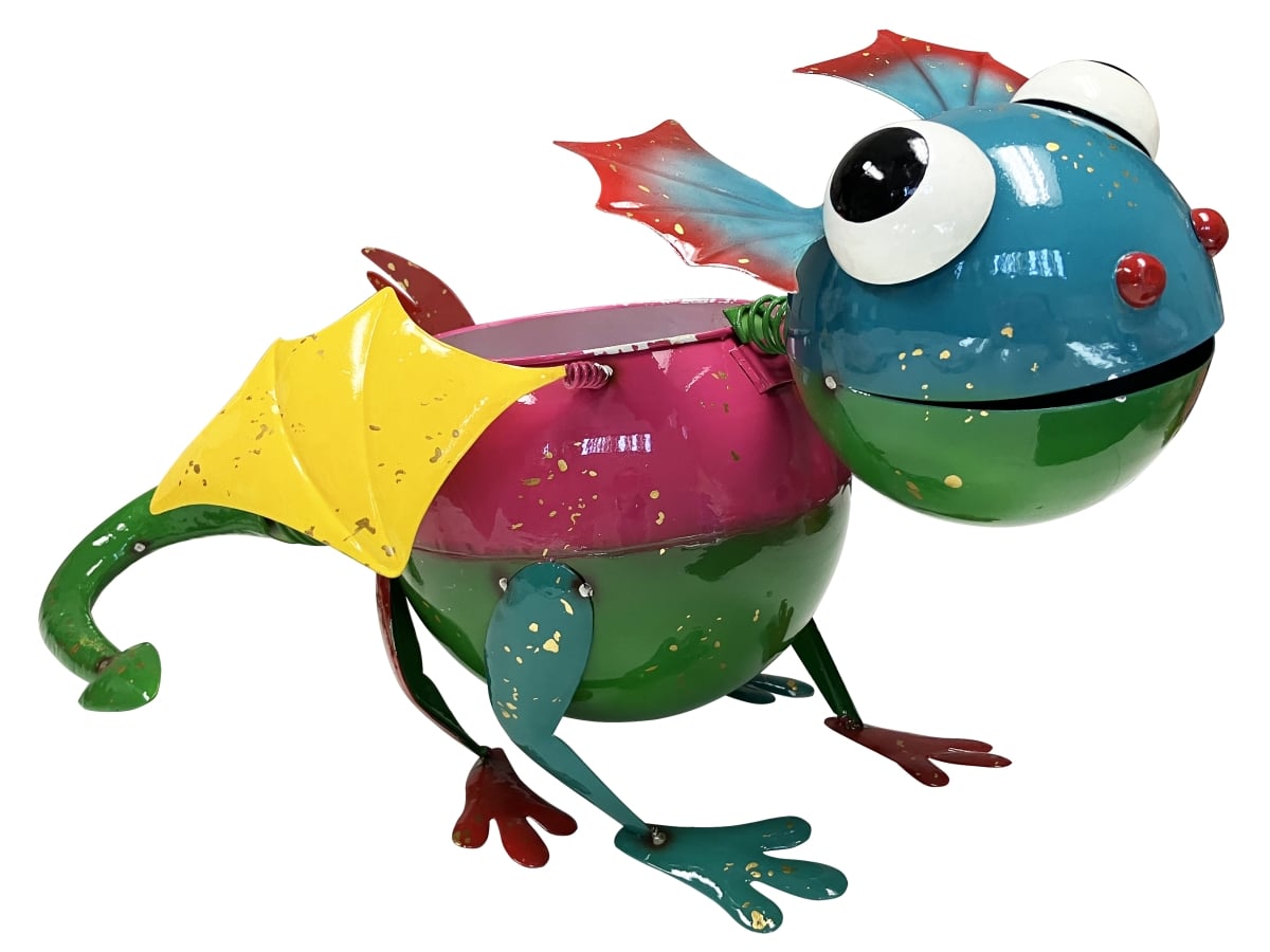 Colorful Enameled Metal Winged Lizard Planter - Green & Pink