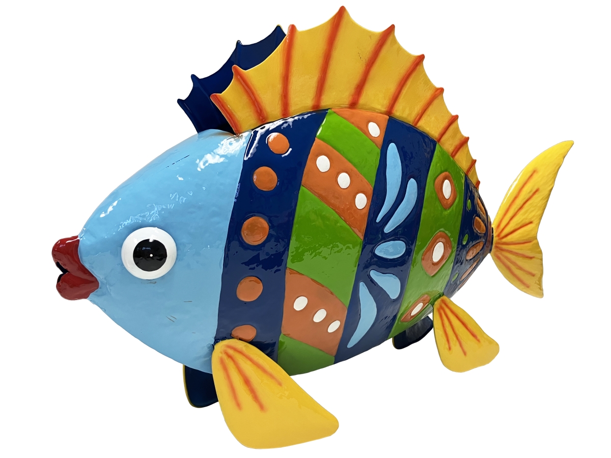 Colorful Enameled Metal Fish Planter - Blue & Yellow