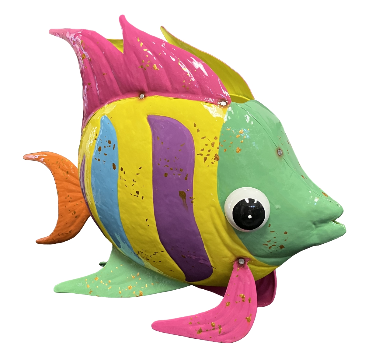 Colorful Enameled Metal Fish Planter - Green & Yellow
