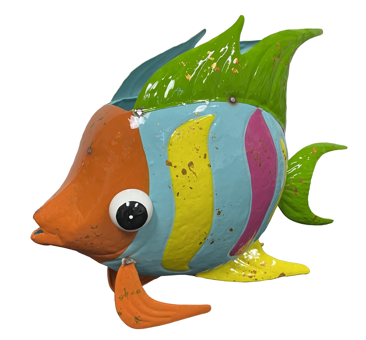 Colorful Enameled Metal Fish Planter - Blue & Orange