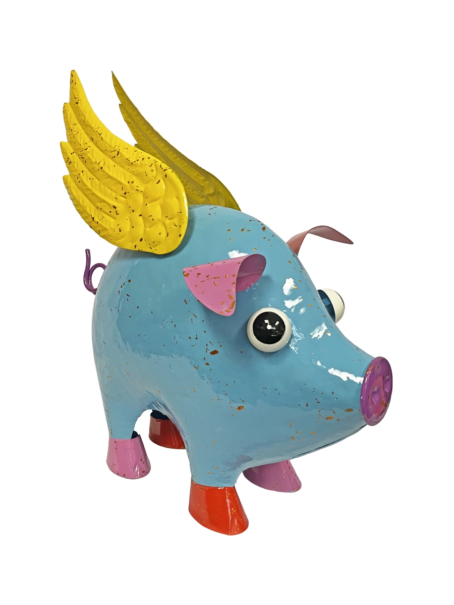 Colorful Enameled Metal Flying Pig Statue - Blue