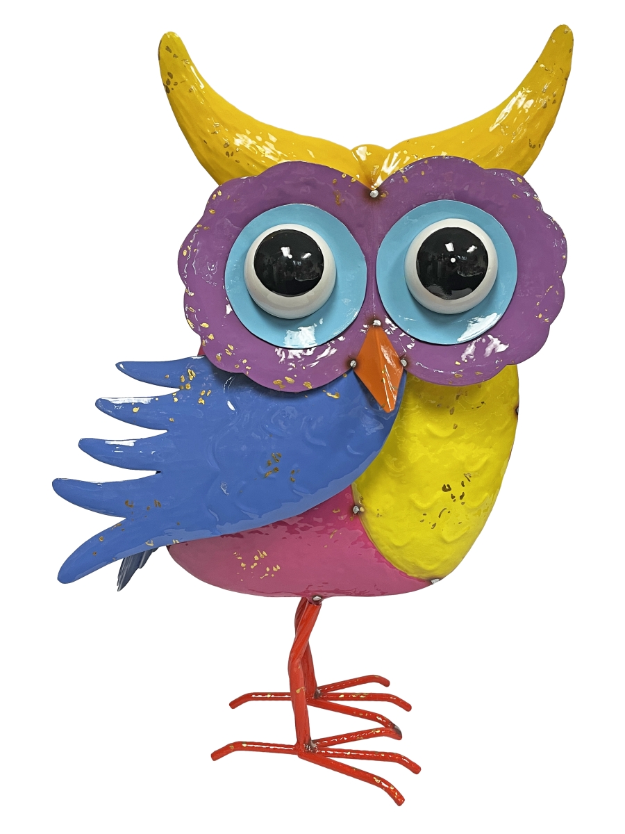 Colorful Enameled Metal Owl Planter - Pink & Yellow