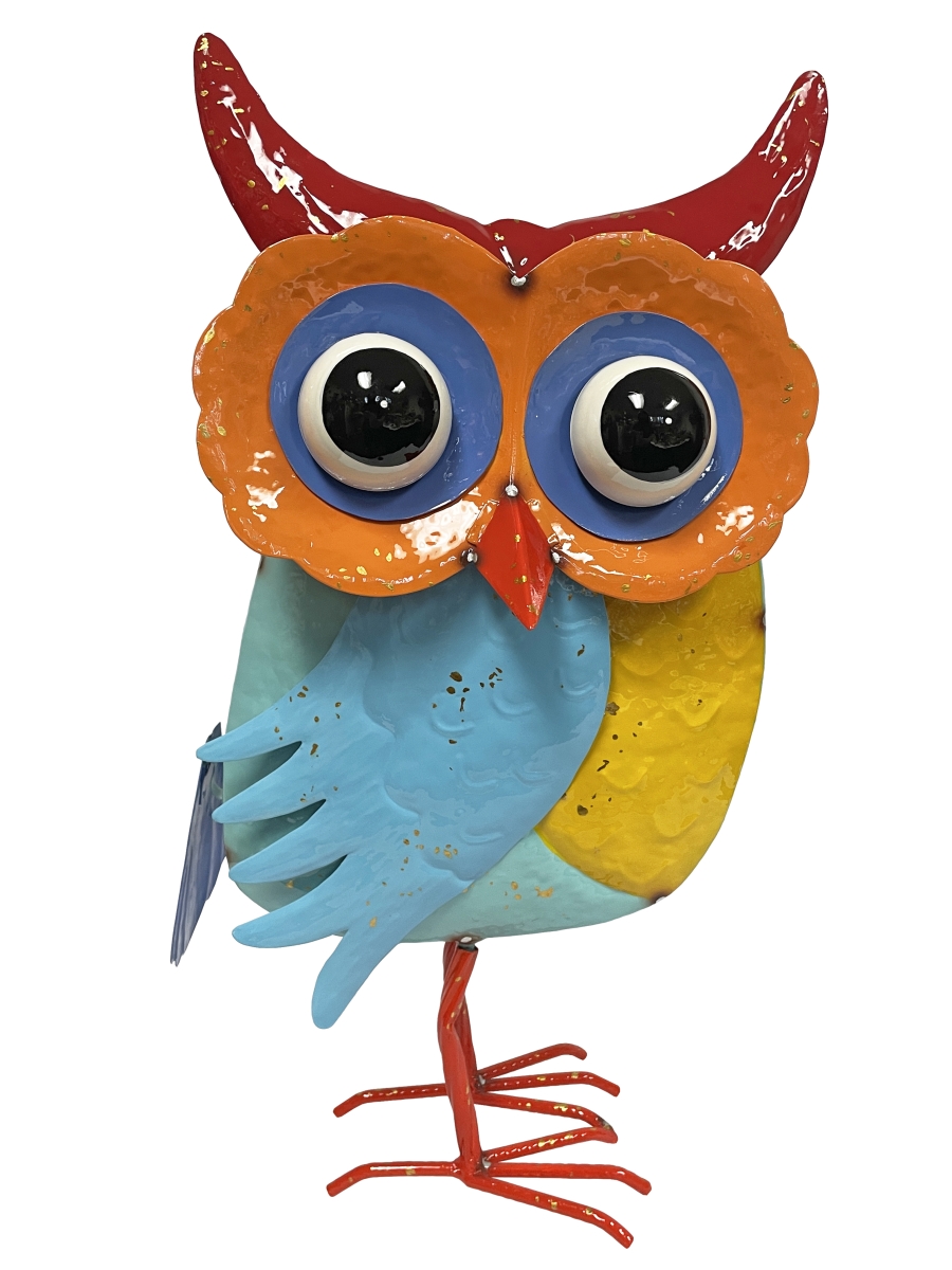 22016B Colorful Enameled Metal Owl Planter - Blue & Red