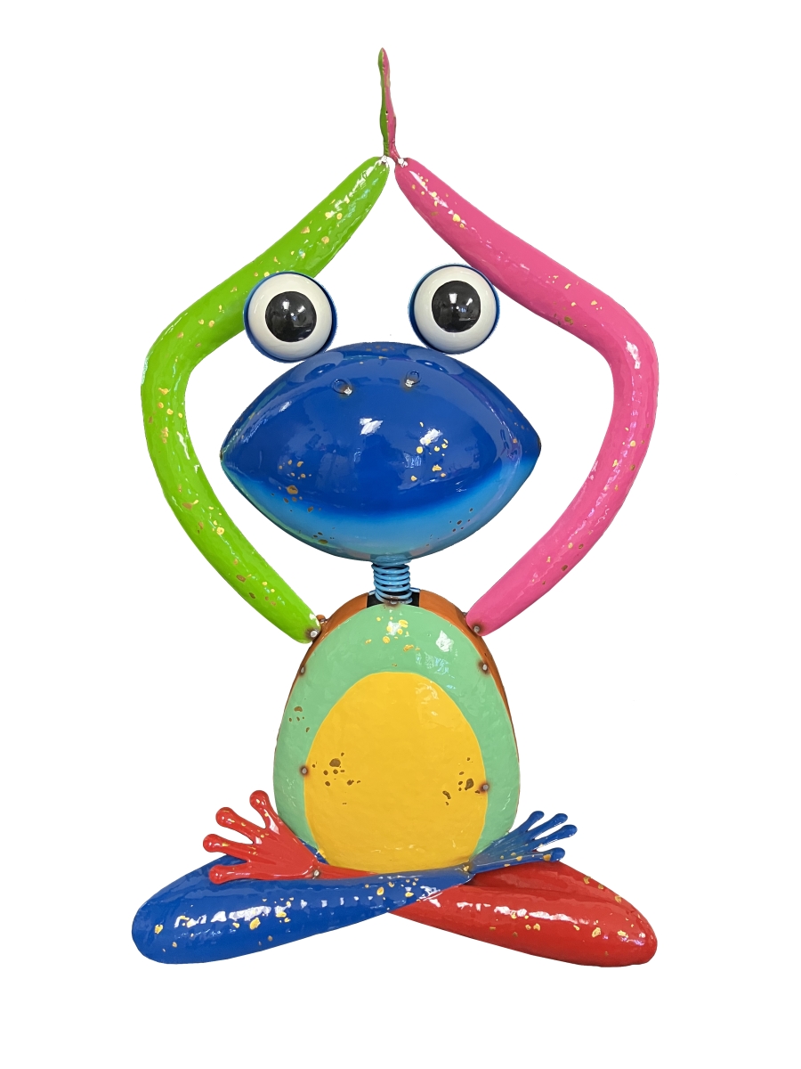 Colorful Enameled Metal Frog with Arms Raised Statue - Blue