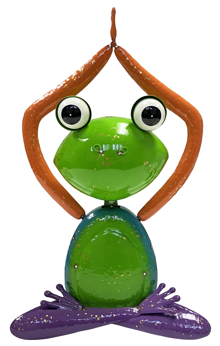 Colorful Enameled Metal Frog with Arms Raised Statue - Green