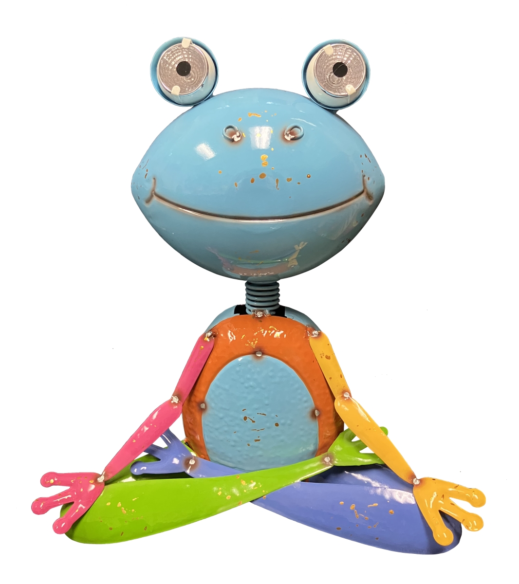 Colorful Enameled Metal Frog with Solar Eyes Statue - Blue