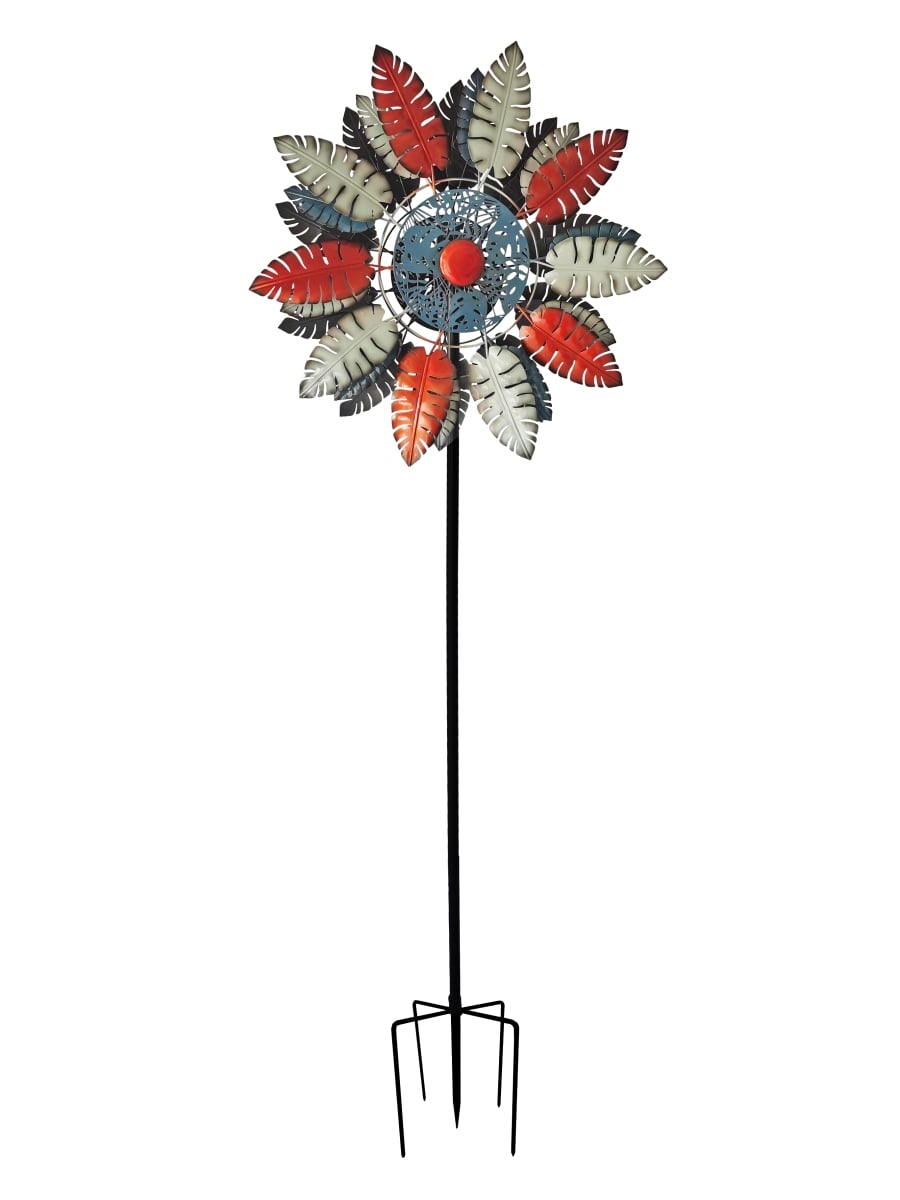 Double Sided Metal Kinetic Spinner Stake - Gray, Red, Orange & Blue Feathers