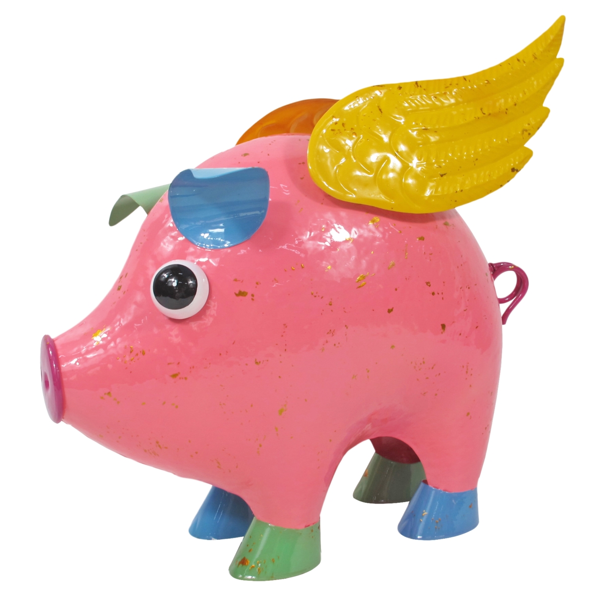 Colorful Enameled Metal Flying Pig Statue - Pink