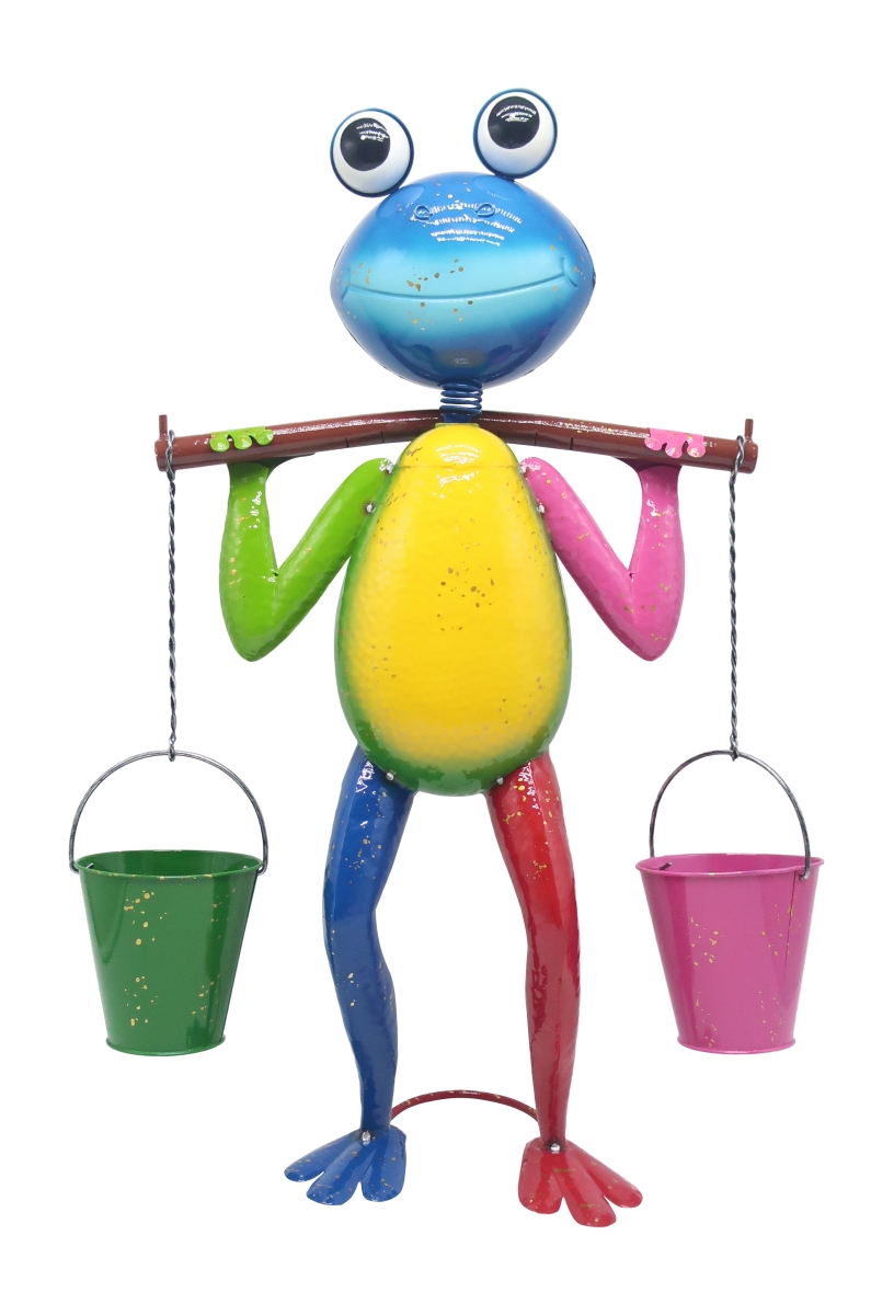 22024B Colorful Enameled Metal Frog with Buckets Planter - Blue