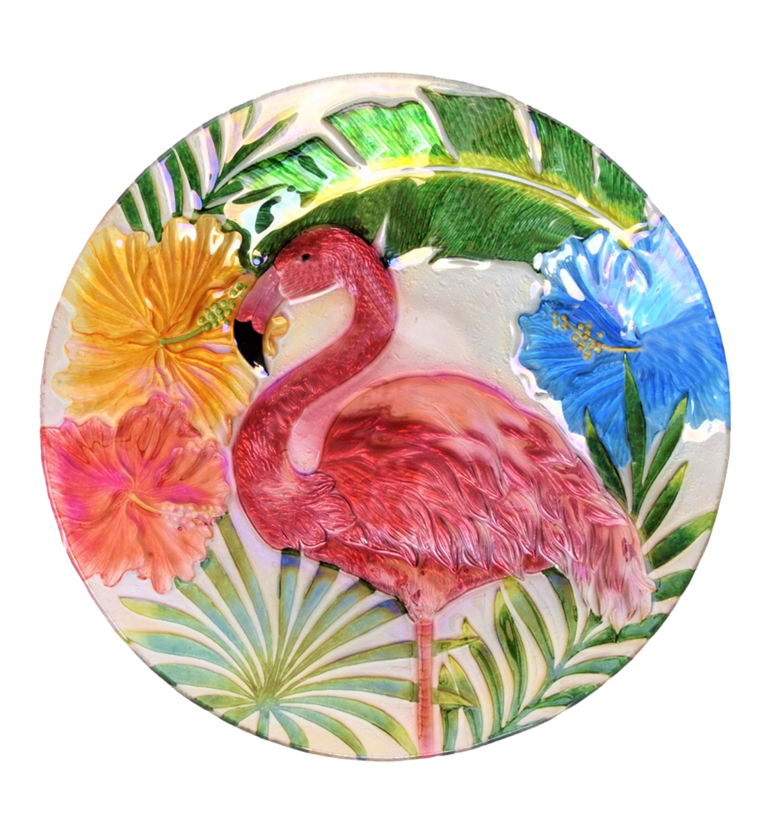Picture of Continental Art Center 3605861 18&apos; Holographic Painted Flamingo Glass Plate Bird Bath Bowl Decorative Outdoor Garden Yard Art