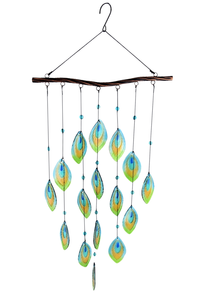 Peacock Tail Glass Wind Chime - Green/Blue - 29in. - Hand-Painted