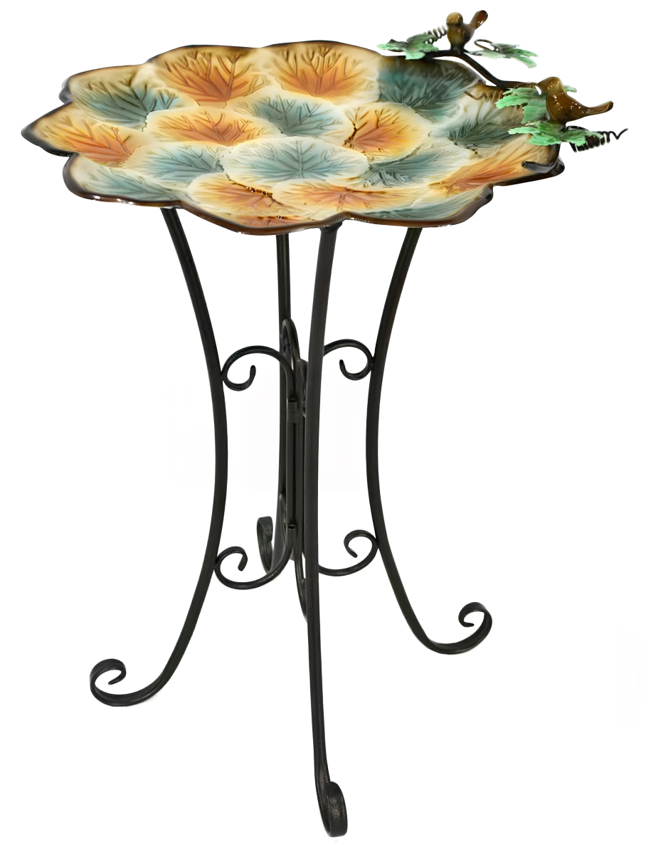 Picture of Continental Art Center 240794 Green and Yellow Leaf Pattern Bird Bath and Bird Feeder Outdoor Garden Decor