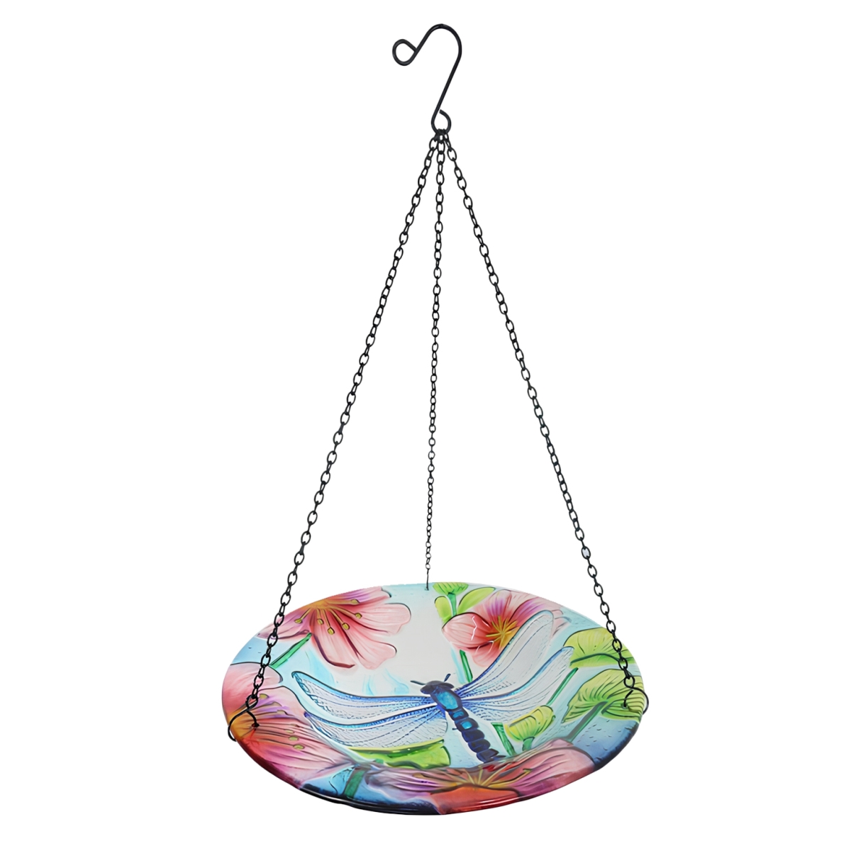 Picture of Continental Art Center 11779 12&apos; Hanging Glass Bird Bath and Feeder with Floral Dragonfly Design