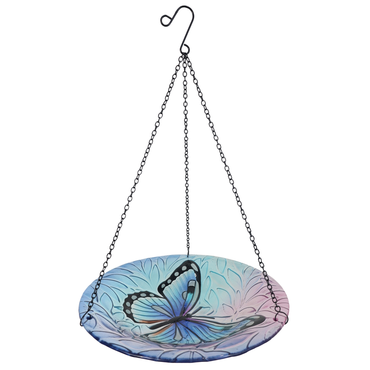 Picture of Continental Art Center 11775 12&apos; Hanging Glass Bird Bath and Feeder with Blue and Pink Butterfly Design