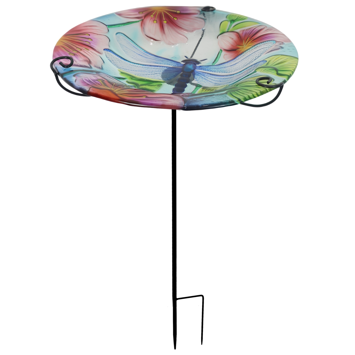 Hand Painted Glass Bird Bath & Feeder - Blue/Pink - 12in. - Durable Design